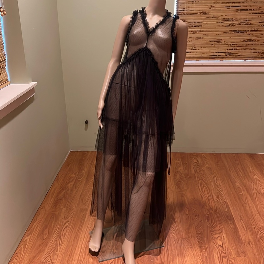 Revel Black Long Fine Net Sheer Sexy Layered Lingerie Nightgown Slip Size L